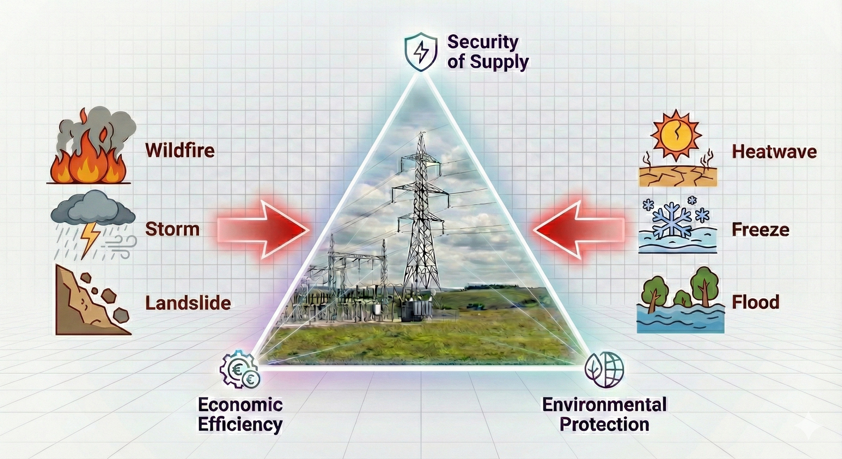 Triangle visual illustrating natural hazards and grid resilience